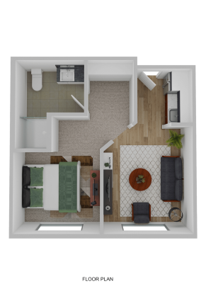3D-rendered floor plan of an Eskaton Village Placerville independent living apartment featuring one bedroom, one bathroom, a kitchen, and a modern open living area with a sofa, coffee table, TV, and dining table.