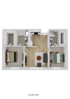 A 3D floor plan of an Eskaton Village Placerville independent living unit featuring two bedrooms on opposite sides, a central kitchen and living area, two bathrooms, and visible hardwood and carpeted flooring throughout.
