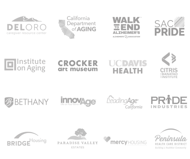 A grid of 20 grayscale logos for organizations, including DE LORO, California Department of Aging, Walk to End Alzheimer’s, Sac Pride, Institute on Aging, Crocker Art Museum, UC Davis Health, and others.